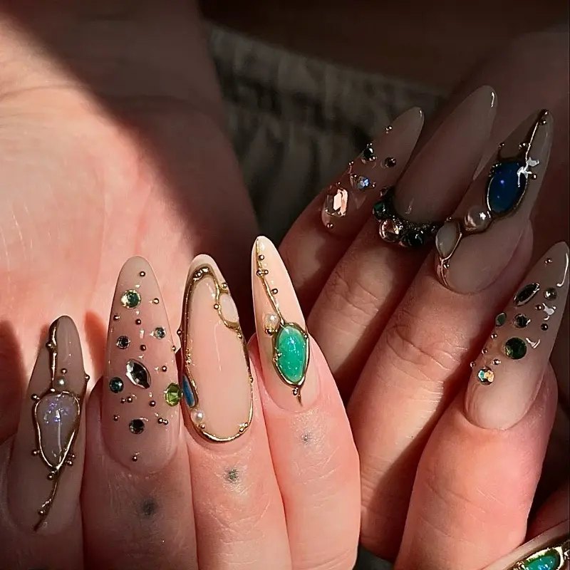 SHEDARES Gemstone Treasure – Handmade Nude Stiletto Press-On Nails with Emerald, Opal & Sapphire Charms Framed in Gold –Perfect for Parties, Nights Out & Dates