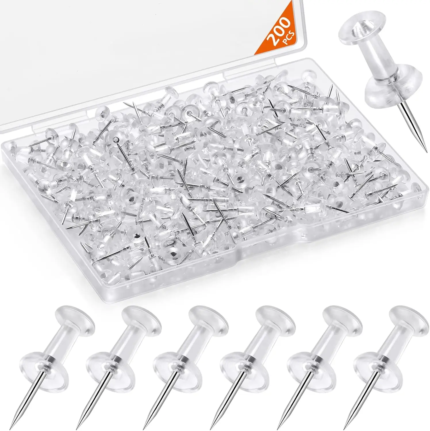 200-Pack Extra-Long Large Clear Push Pins, Transparent Plastic Steel-Point Thumb Tacks for Cork Board, Office Stationery Fasteners Cursive Handwriting Workbook Teens