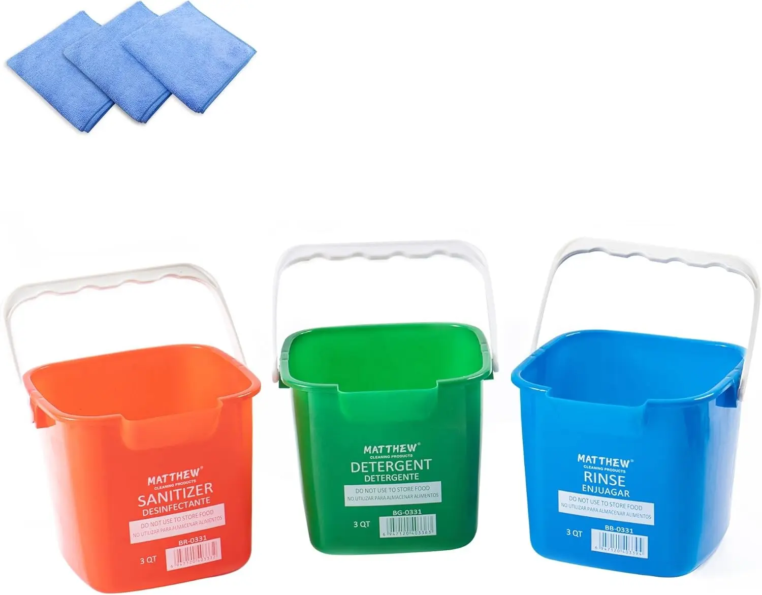 Red&Green&Blue 3 Quart Sanitizing Cleaning Pail, Set of 3 Square Containers with Built-In Spout & Handle, Wash Rinse Sanitize Handwash Bucket, Includes 3Pcs Microfiber Cloths