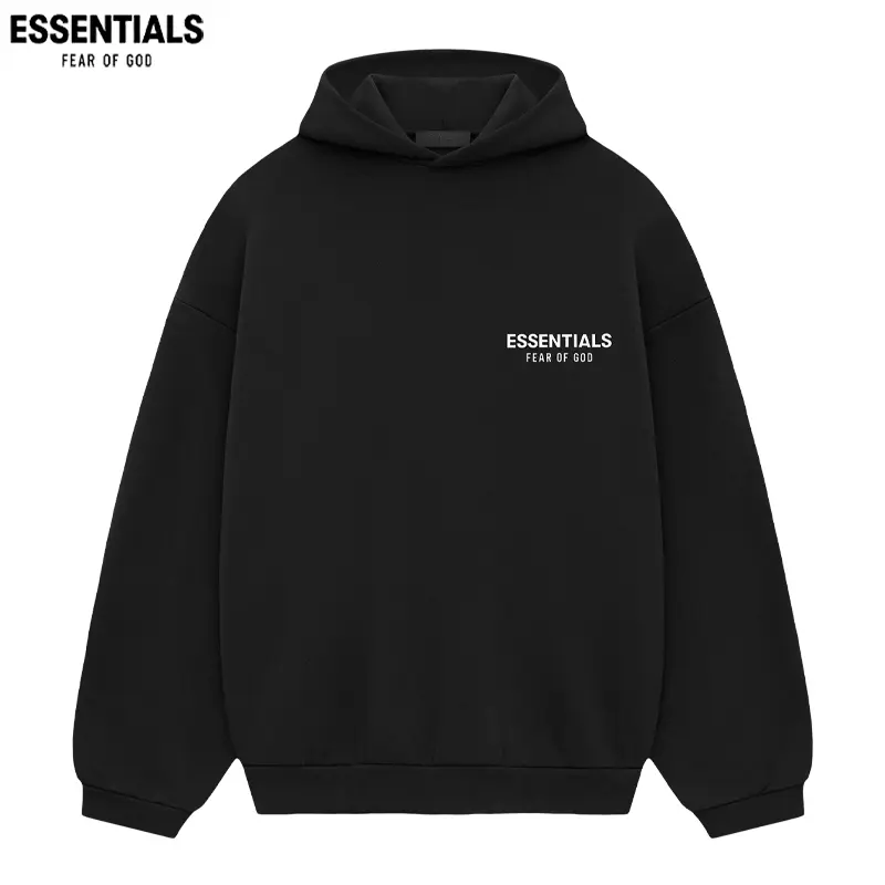 Fear of God Essentials FW24 Fleece Hoodie Men's Black Front Back Logo Pullover Sweatshirt Relaxed Fit Long Sleeve Casual Streetwear Hooded Top