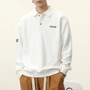 American high street polo shirt men's sweater long sleeve autumn white lapel autumn and winter trendy baseball jersey top