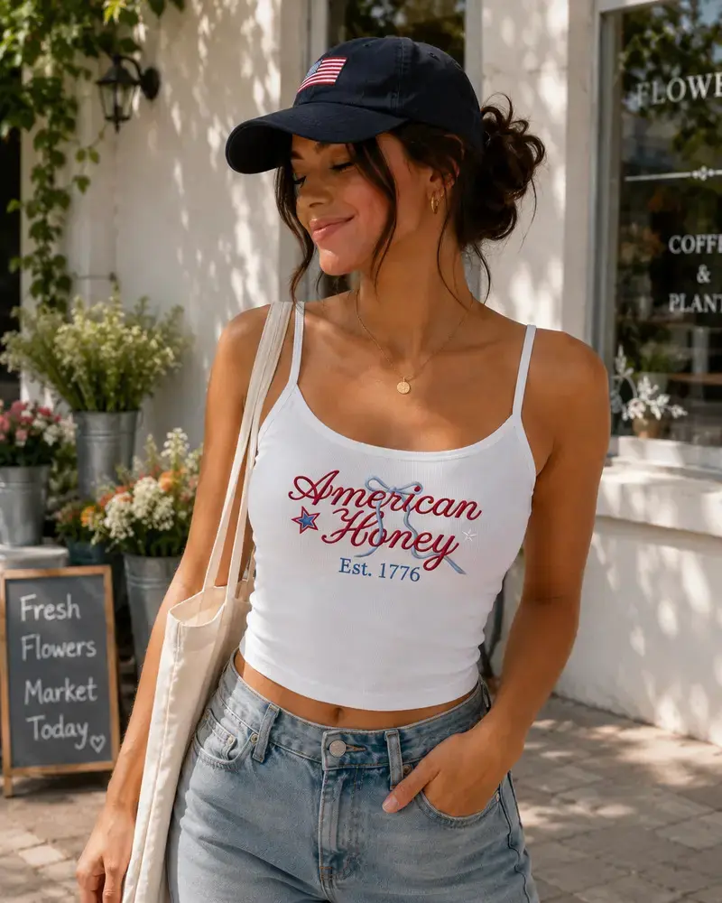 [Made From US] Embroidered American Honey Strap Tank Top, Coquette Patriotic American Girl Tank, July 4th Women Summer Y2K Top, Patriotic Country Girl Gift