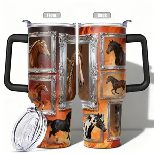 1pc, 40oz/30oz/20oz/14oz Stainless Steel Cup Framed Horses Artwork Double Wall Vacuum Insulated Cup, Leakproof Lid & Carry Handle Travel Mug, Tumbler for Outdoor Camping Hiking, Gift for Dad, Mom, Broth
