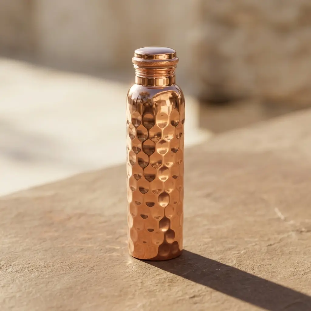 100% Pure Copper Reusable Water Bottle - Handcrafted Hammered Design, Leakproof Traditional Classic Ayurvedic Drinkware with Lid, Gift Box Included