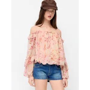 Cider Chiffon Floral Off-shoulder Puff Sleeve Ruffled Oversized Blouse