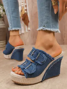 Women's Fashionable Denim Chunky Sole Wedge Sandals, Casual Comfortable Platform Sandals for Summer, Non-slip Sandals for Daily Wear, Walking Shoes