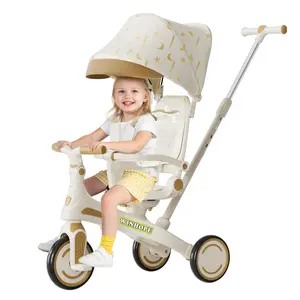 Winhope Growth-Stage 6-in-1 Baby Tricycle for Children Ages 1–6, equipped with a push handle, sunshade canopy, and quiet EVA wheels; supports push, glide, and ride modes; suitable for indoor and outdoor use.