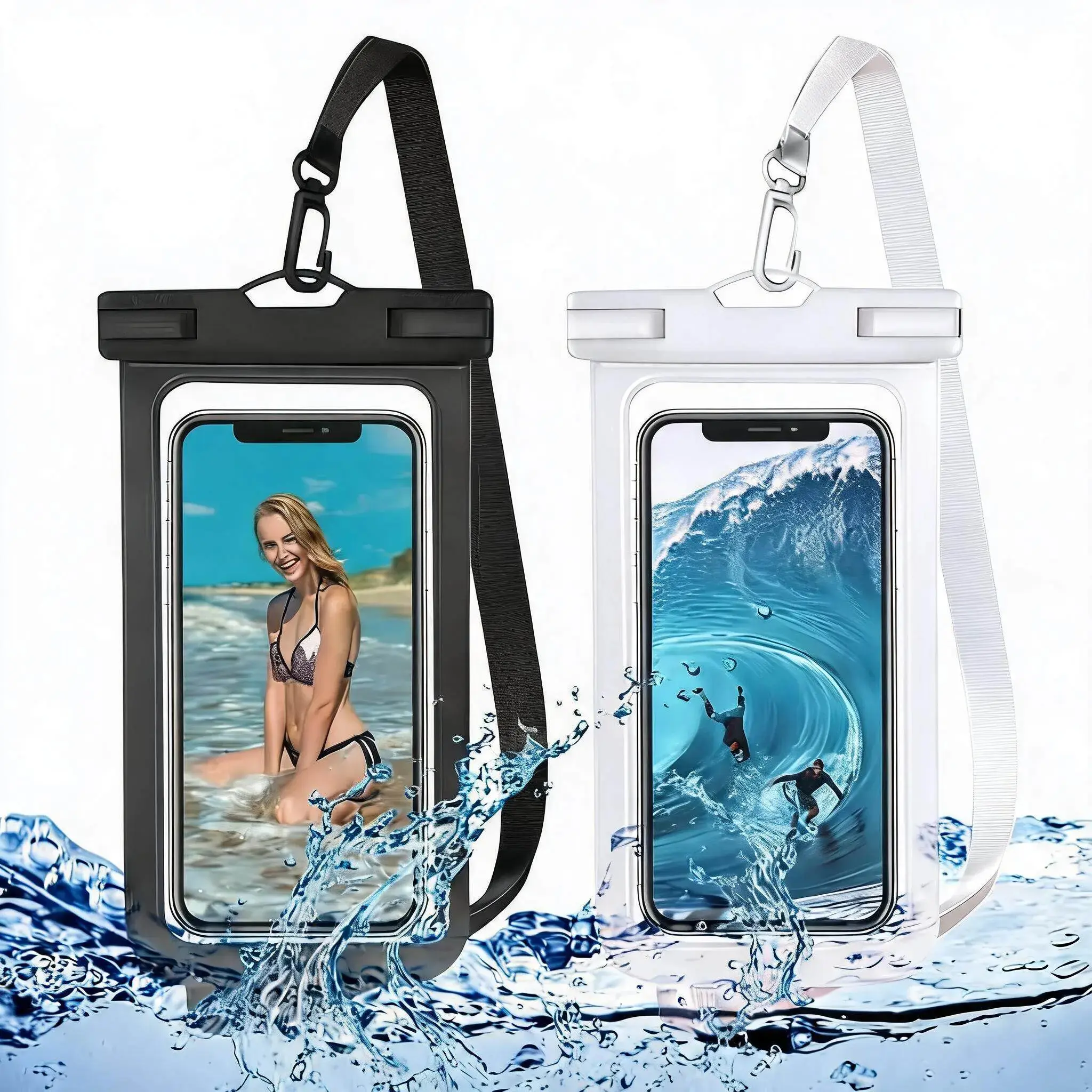 2 Pack Waterproof Phone Pouch (Black+White), Phone Waterproof Case, Cell Phone Dry Bag, IP68 Protection Level , Beach Cruise for Apple iPhone, Samsung, and More, Lanyard Included (Fits Up to 7.2inch)