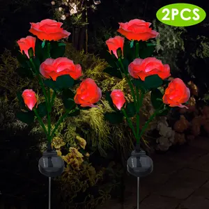 2Pcs Solar Powered Outdoor Rose Flower LED Decorative Lamp, Water Resistant Pathway Stake Lights For Garden, Patio, Yard, WalkwayValentine's Day decorations