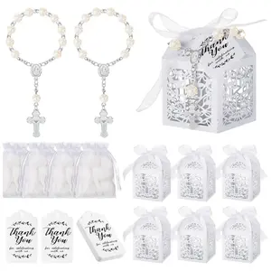 25 set Baptism Favors Set Includes 25 Pcs Pieces Rosary, 25 Pcs Favor Boxes, 25 Pcs White Organza Bags and 25 Pcs Thank You Tags for Christening Weddings Christian Party