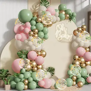 Sage Green Pink Balloon Arch Kit, Olive Green Light Pink Sand White Blush Metallic  Balloons with  Confetti Balloons for Girl Birthday Woodland  Shower Jungle Safari Decorations