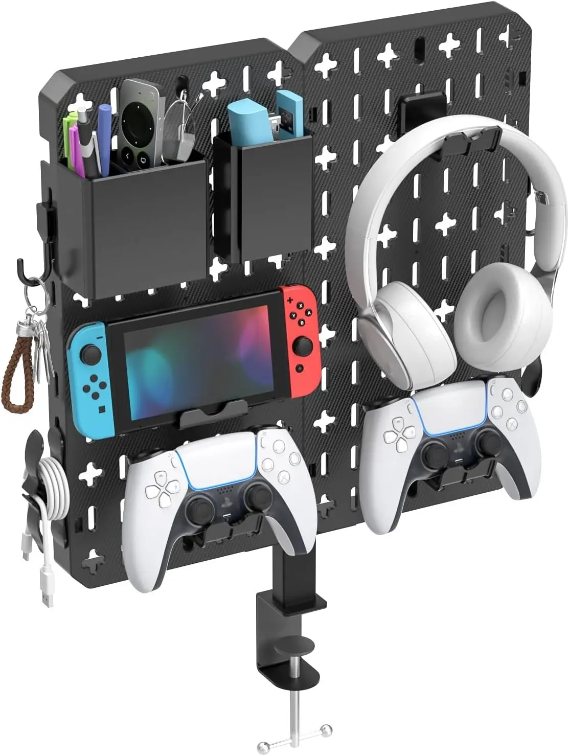 7 in 1 Clamp-on Desk Pegboard - No Drill Desk Side Storage with Phone Stand/Pen Holder/Storage Box/Headset & Controller Holder/Hooks, Detachable Gaming Pegboard for Office & Home Desktop OrganizerGift.