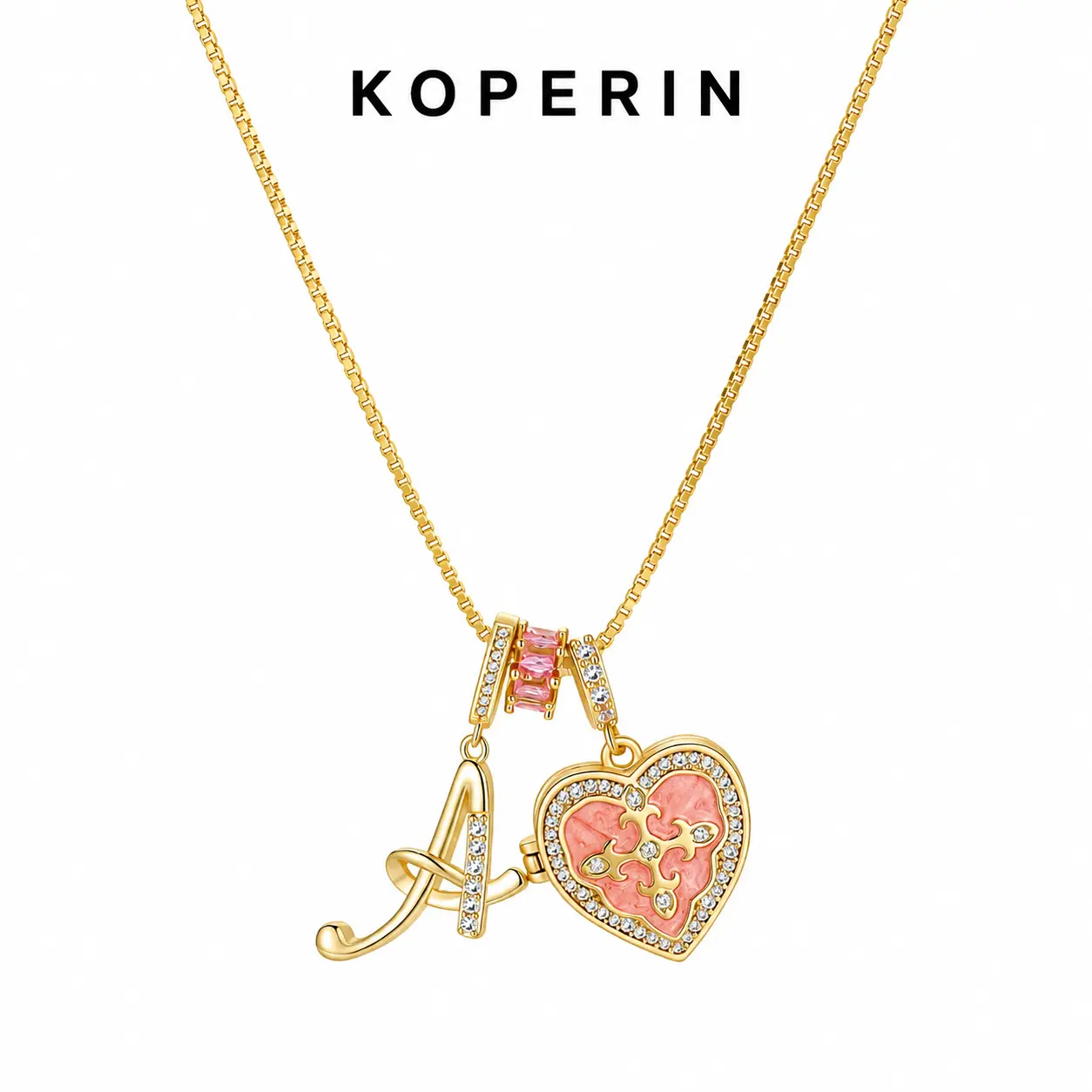 Women's Photo Locket Initial Necklace,14K Gold Plated Waterproof,A-Z CZ Alphabet Pendant with Pink Heart Fleur De Lis Cross Charm,Dainty Layering Minimalist Everyday Jewelry,Fashion Accessories for Women,Gifts for Women,KOPERIN