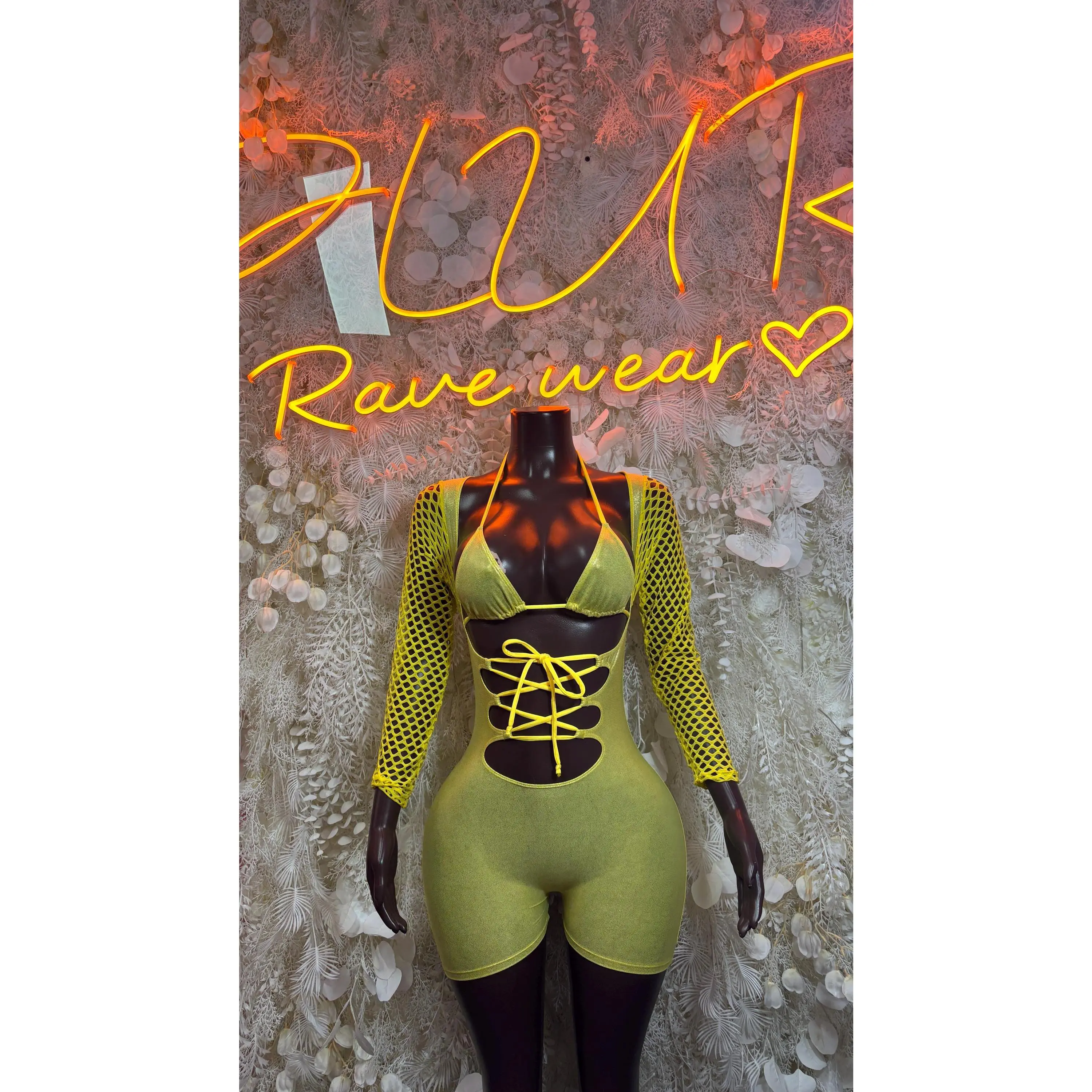 Women's Yellow Metallic Bottlegirl Bodysuit - Bartender Uniform, Rave Festival Outfit with Accessories