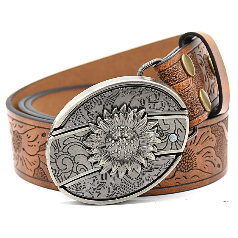 Sunflower pattern embossed brown knife buckle