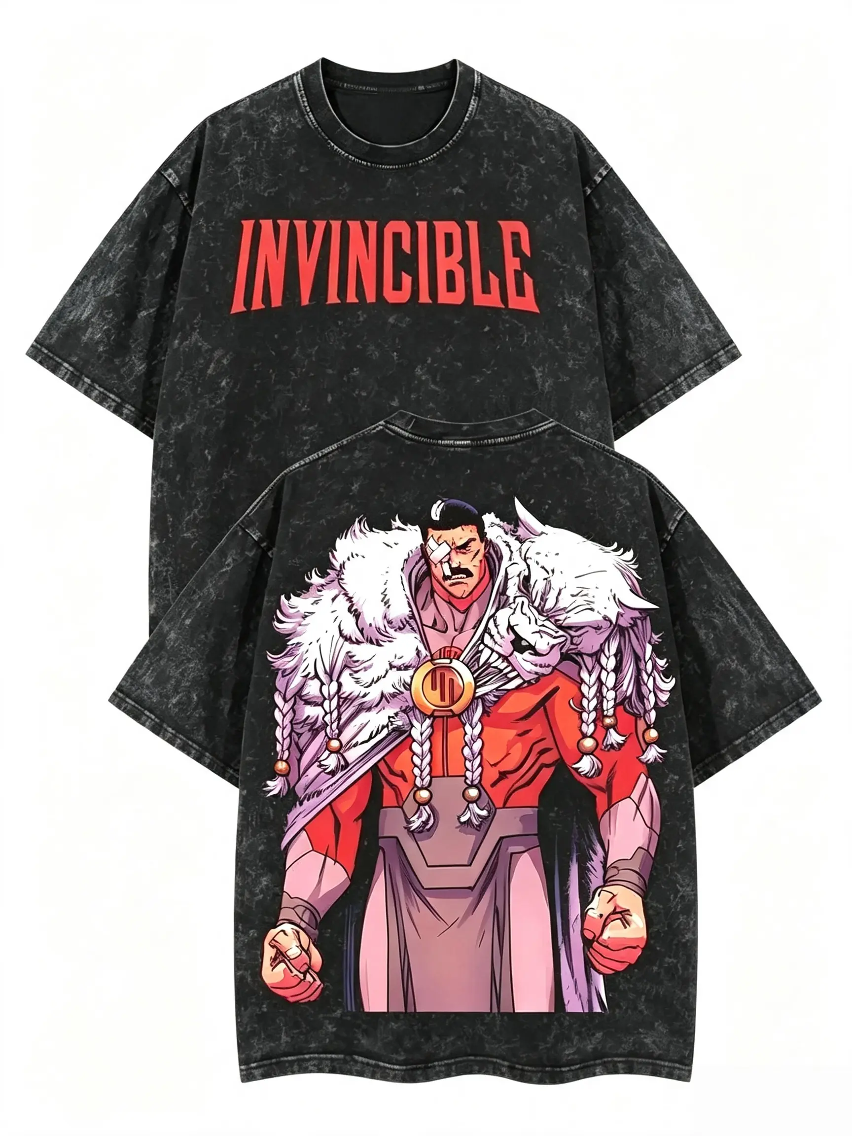 Men's Classic Short-Sleeve Round Neck Vintage Acid Wash Oversized Graphic T-Shirt - Invincible Comic Thragg Viltrumite War Double-Printed Unisex Distressed Menswear Top, Lightweight Breathable Casual Love Meme Tee with Sturdy Hem, Fabric, Cotton