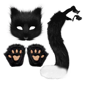 Fluffy Fur Tail Cat Paws Gloves And Wolf Therian Mask Set Festival Cosplay Costume Accessories Mask Sets