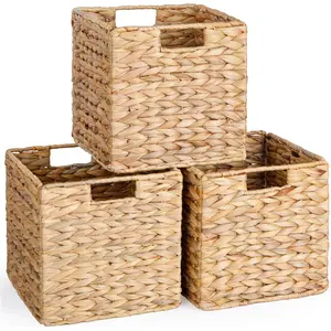 10.5x10.5 Water Hyacinth Storage Baskets, Wicker Baskets for Cube Storage, Collapsible Cube Storage Bins Wicker, Square Baskets for Cube Storage for Ikea Kallax, Basket Set of 3 (Water Hyacinth)