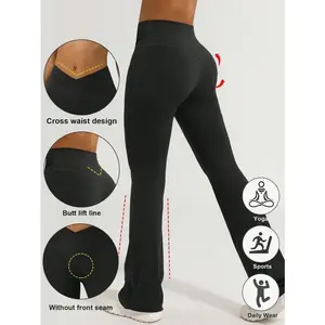 Women's V-Shaped Butt Lifting Yoga Fitness Flare Leggings with Criss-Cross Waistband, Wide Leg Pants for Exercise and Running