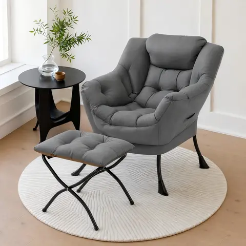 【TiktokShopStockUp】Arlopu Lazy Chair with Foldable Ottoman, Modern Comfy Lounge Chair, Large Sofa Armchair with Footrest and a Side Pocket, Leisure Reading Chair with Footstool for Bedroom, Living Room, Dorm