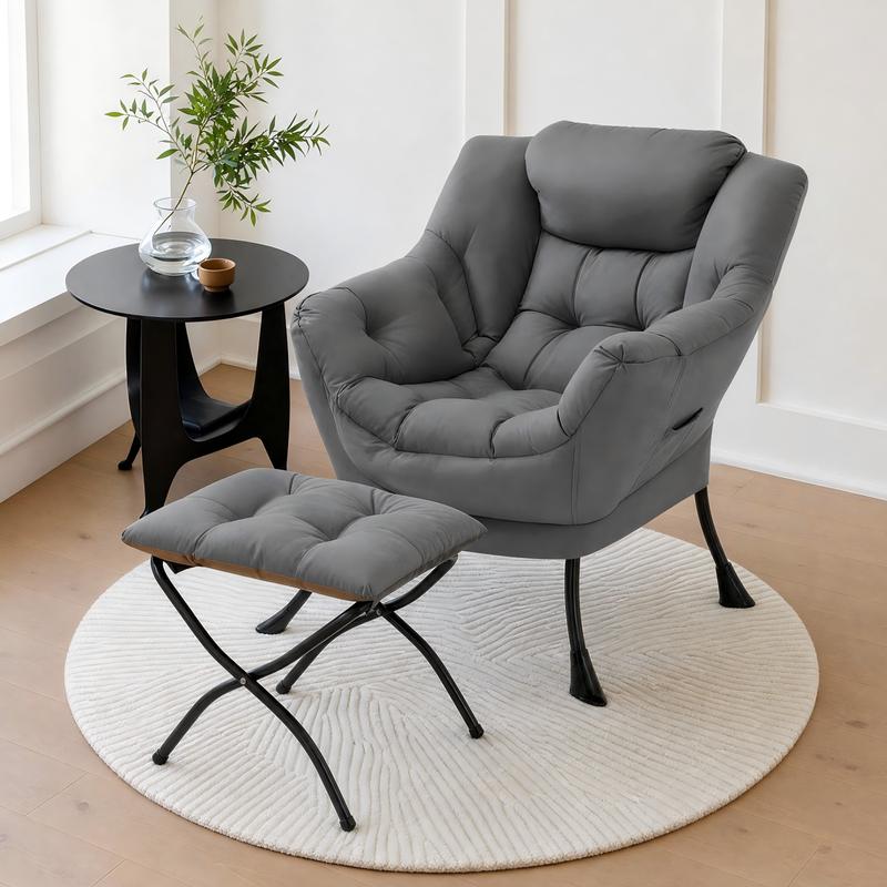 【TiktokShopStockUp】Arlopu Lazy Chair with Foldable Ottoman, Modern Comfy Lounge Chair, Large Sofa Armchair with Footrest and a Side Pocket, Leisure Reading Chair with Footstool for Bedroom, Living Room, Dorm