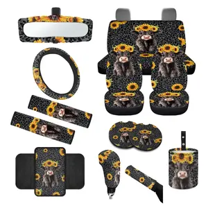14pcs Cute Highland Cow and Sunflowers Design Seat Covers Accessories Suitable for Men and Women, Steering Wheel Cover, Armrest Cover, Coaster, Safety Belt Pad, Gear Knob and Handbrake Cover for Men and Women, Auto Stylish Car Decor, Durable Fabr