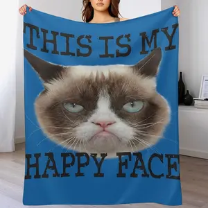 "This Is My Happy Face" Grumpy Cat Blanket, Sassy Meme Cat with Quote Flannel Throw, Viral Internet Meme Bedding
