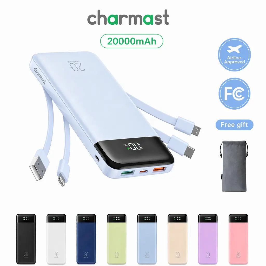 charmast 20000mAh Portable Charger with Built in Cables, 22.5W Travel Power Bank Fast Charging, USB C Cell Phone Battery Pack for iPhone 17/16/15/14/13/12 Series, iPad, Samsung, Android, Tablet
