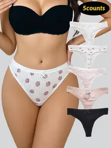 DORSU All Print  Fruit Print Cute Comfort Stretch Thongs Panties Womens Cotton Thongs Sexy Soft Comfort Underwear Panty Multipack low-waisted Thong Panty Pack Hi-cut Lettuce Trim BIKINI Briefs