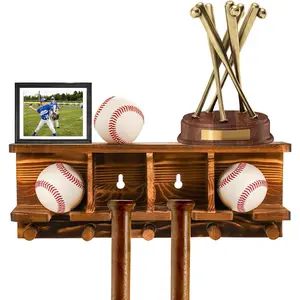 Wood Baseball Bat Holder and Ball Display Shelf Wall Mounted, Sports Memorabilia and Collectibles Floating Shelf Hanging Organizer Bat Rack