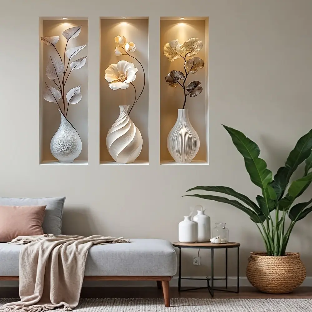 3 Piece Vase Decoration Set, Modern Minimalist Wall Stickers, PVC Self-Adhesive Art Prints, Luxury Relief Wall Art for Living Room, Bedroom, Office