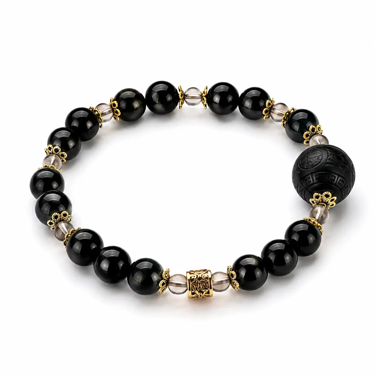 Handmade Gold Sheen & Ice Sheen Obsidian Bracelet with Traditional Incense Bead 6.3in Natural Gemstone Jewelry Gift Ready