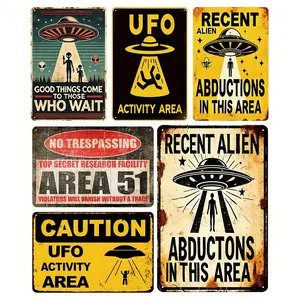 6pcs Vintage UFO Metal Tin Signs - Retro Sci-Fi  Art, 8x12 Inches, Funny Alien Warning  for Home, Bar, or Club,   | Vintage Sci-Fi Theme | Distressed Finish Wall decor