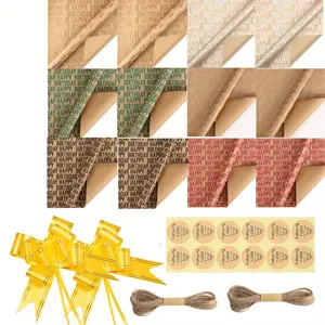 17PCS Gift Wrapping Paper Set,Happy Birthday Wrapping Paper,Brown Kraft Folded Paper with Jute Strings,Stickers and Bows Decoration,for Birthday Holidays,Parties Occasions classroom