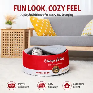 Camp-feline Can-Shaped Cat Bed for Indoor Cats, Cute Covered Cat Cave with Removable Plush Cushion, Red, 19.6 in