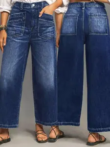 New Women's Elastic Denim Jeans, Womenswear Fashion Casual Loose Fit Wide Leg Jeans, Straight Leg Trousers, Comfortable and Stylish, Perfect for Daily Wear
