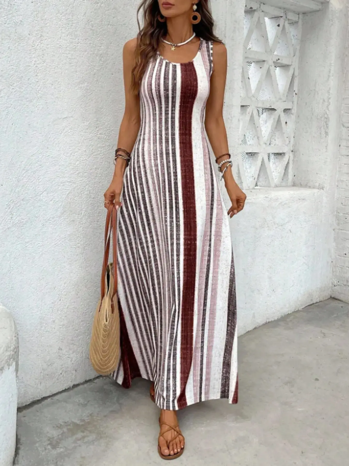 Women's Striped Round Neck Pocket Casual Long Dress, Lightweight Breathable, Comfortable Fitted, Ideal for Daily Wear and Travel