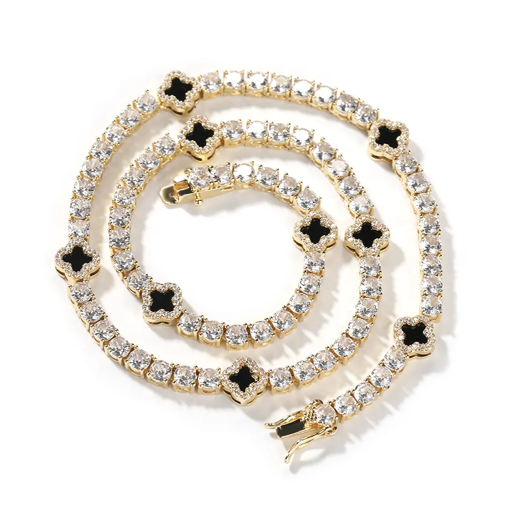Gold-Tone Tennis Chain Necklace or Bracelet with Black 4-Leaf Clover Accents, Zircon Fashion Accessory for Women and Men