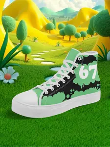 Men's SixSeven High-Top Comfort Sneakers - Black-Green Splatter 67 Print Lightweight Streetwear Shoes for All Seasons