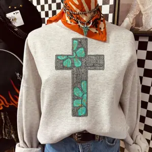 Western Tooled Metal Turquoise Cross Sweatshirt, Wild West Rodeo Tee, Cowboy Cowgirl Merch, Western Southern Trendy Tee, Gift For Her, Vintage Graphic Tees, Boho Hoodie, Women's Western Style Crewneck Sweatshirt, Comfort Color T-shirt