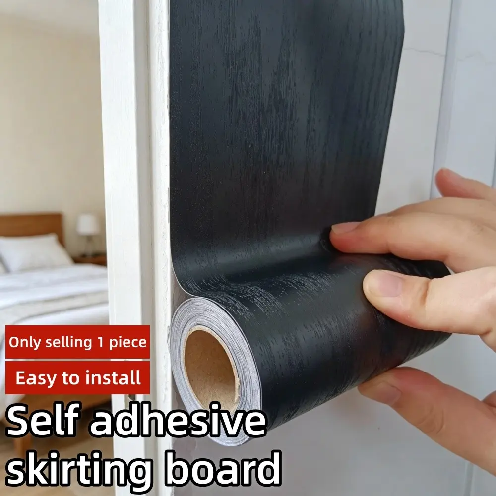 1 Roll 10cm/3.94inch Wide Self-Adhesive PVC Wood Grain Interior Wall Baseboard Trim Wall Molding, Peel and Stick Mending Trim Tape, Easy to Install, 5m/196.85inch Length, Ideal for Living Room Bedroom Waist Line and Home Decoration