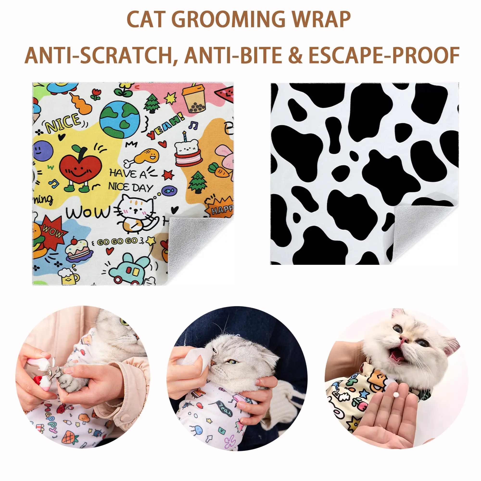 2Pcs Cat Grooming Wrap, Anti-Scratch Anti-Escape Cat Restraint Wrap for Nail Clipping, Ear Cleaning, Feeding Medicine, Self-Adherent Soft Cat Swaddle Wrap Multifunctional Cat Burrito Wrap for Cats of All Sizes