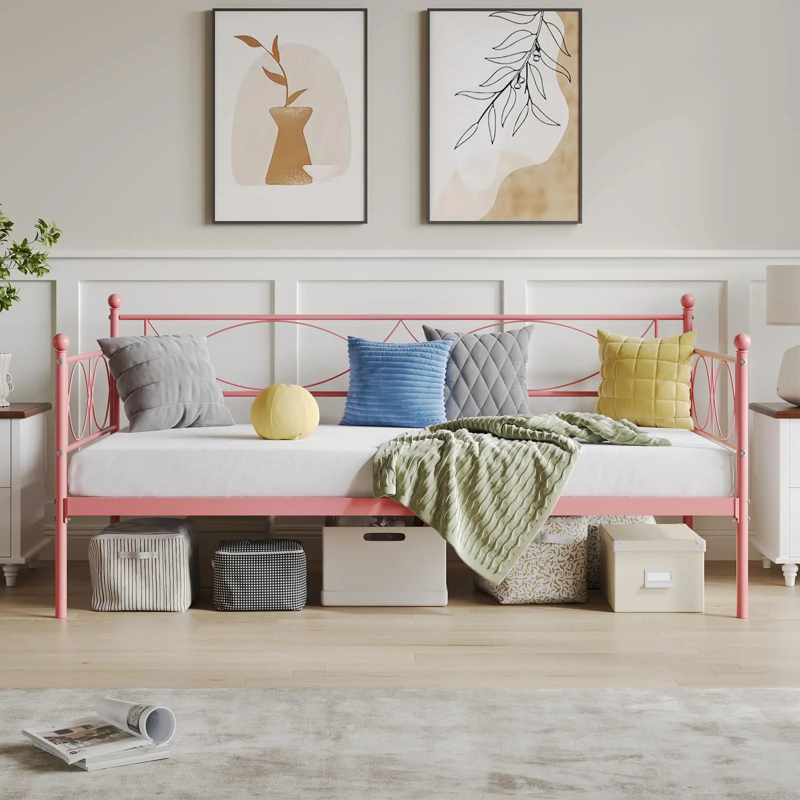 Garvee Twin Size Pink Industrial Metal Accents Daybed Frame - Bedroom Furniture, Premium Steel Slat Support, Strong Headboard, No Box Spring Needed, Hidden Storage Compartment, Pull Out Bed, Assembly Required, A Day Bed, Twin Bed