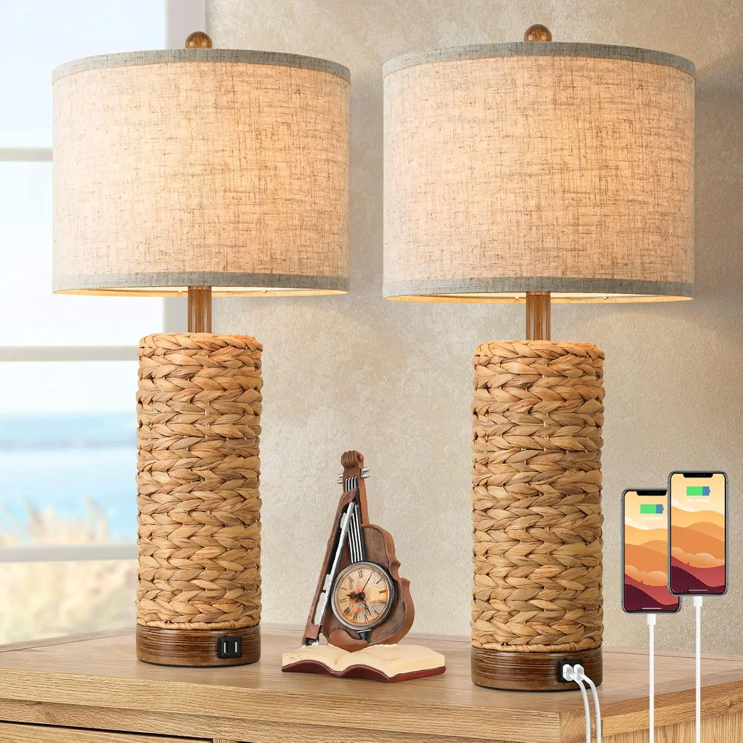 27" Thick Rattan Table Lamp Set with 2 USB Ports, Tall Coastal Farmhouse Lights for Living Room, Rustic Woven Seagrass Bedside Nightstand Lamp for End Table, E26 Socket, Rotary Switch (No Bulb, Ideal for Friends & Family)