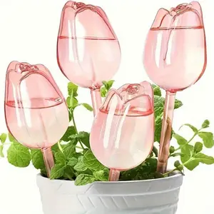 4PCS Champagne Decorative Self Watering Globes Tulip Bulbs Plant Watering Devices Decor, Automatic Plastic Water Globes Watering Kits for Outdoor Plants, Plant Watering Spikes for Vacation Sunmmervibes