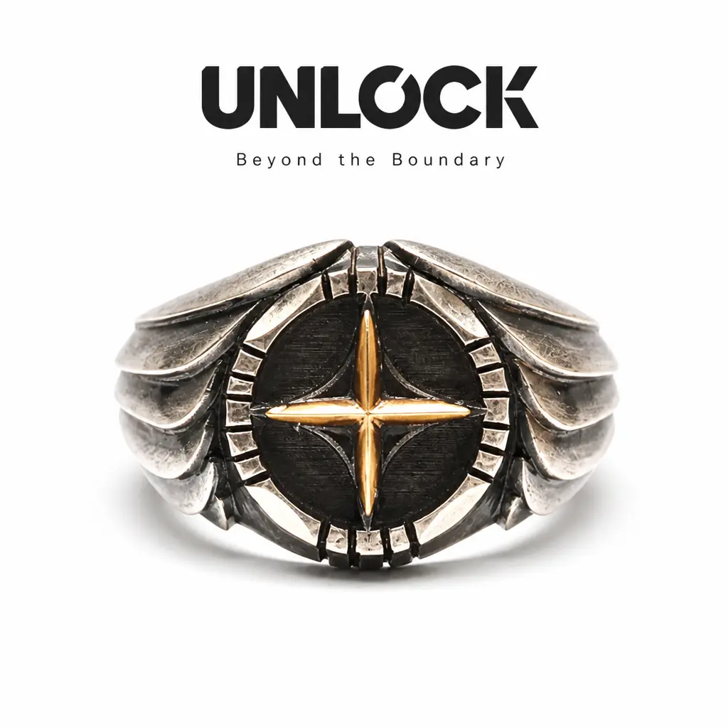 UNLOCK Unisex Winged Compass Star Signet Ring - Adjustable Size Stainless Steel Vintage Silver/Gold Tone, Compass Motif Punk Ring for Women, Everyday Wear Jewelry