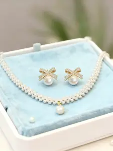 Elegant Faux Pearl Jewelry Set for Women, Includes Earrings & Necklace, Perfect Gift for Any Occasion, Stylish Bow Design