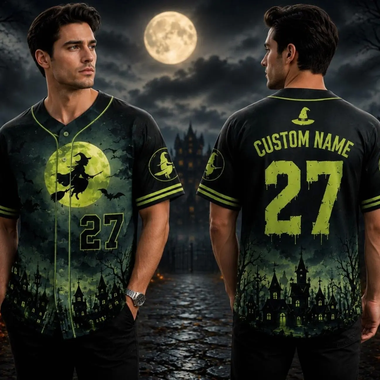 Witch Baseball Jersey, Custom Name Number Halloween Shirt, Green Moon Spooky Uniform, Haunted Village Outfit, Fall Gift