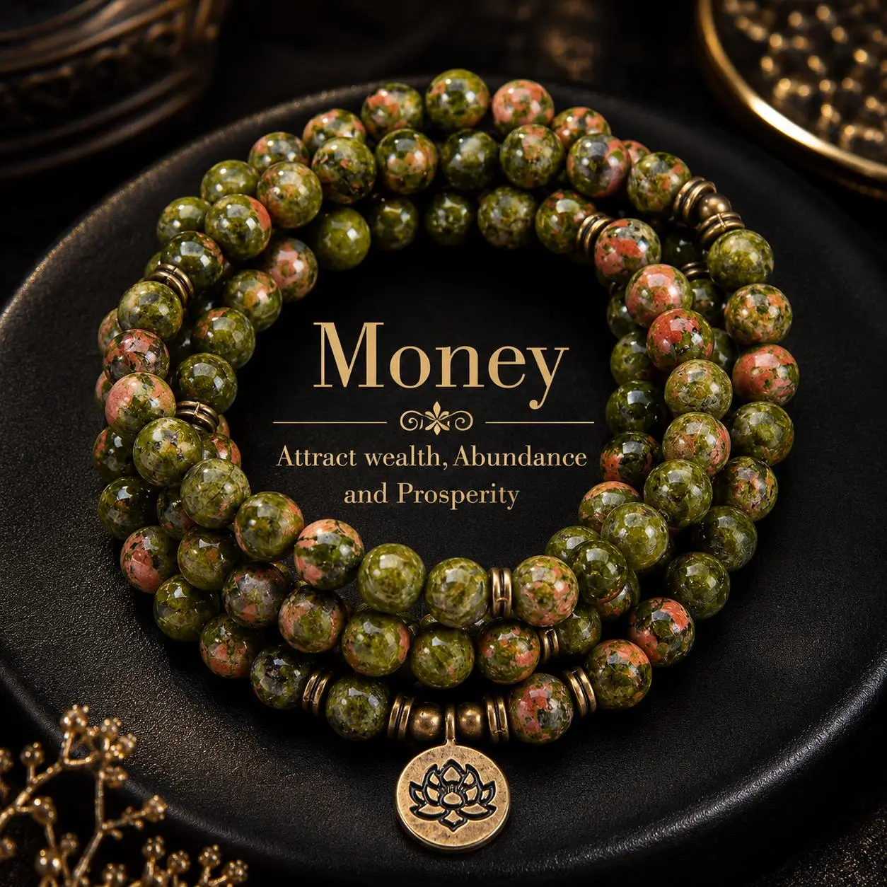 Unakite Healing Crystal Stone 108 Mala Beads Handmade Stacked Elastic Money Attraction Bracelett - Natural Stone Mindfulness Long Beaded Wrap  Genuine Gemstone Mala Prayer Beads Lotus Buddha Charm Yoga Japamala Jewelry Necklace , Lotus Pendant