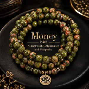 Unakite Healing Crystal Stone 108 Mala Beads Handmade Stacked Elastic Money Attraction Bracelett - Natural Stone Mindfulness Long Beaded Wrap  Genuine Gemstone Mala Prayer Beads Lotus Buddha Charm Yoga Japamala Jewelry Necklace , Lotus Pendant